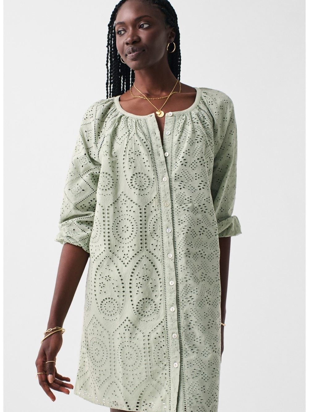 Faherty Valencia Eyelet Mini Dress Size XS Floral Sage Green 3/4 Sleeve Cotton